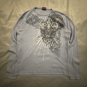 Vintage MMA Elite Thermal Shirt Men Large Blue Waffle Knit Lion Y2K Graphic